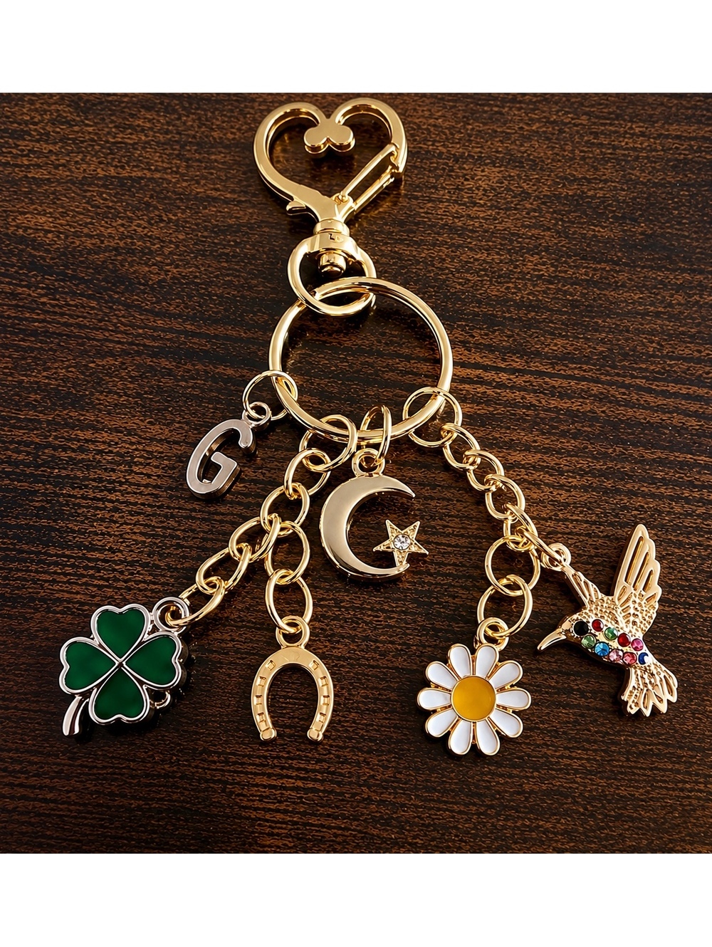Gold Tone Lucky Charm Keychain with Customizable Letter Pendant
